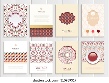 stock vector set of brochures in vintage style design templates frames and backgrounds. Use for printed materials, signs, elements, web sites, cards
