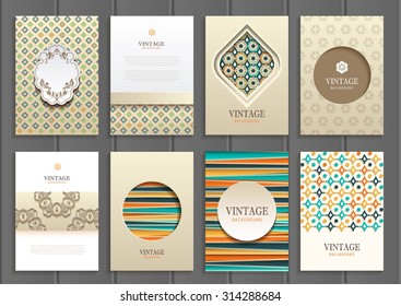 stock vector set of brochures in vintage style design templates frames and backgrounds. Use for printed materials, signs, elements, web sites, cards