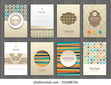 stock vector set of brochures in vintage style design templates frames and backgrounds. Use for printed materials, signs, elements, web sites, cards