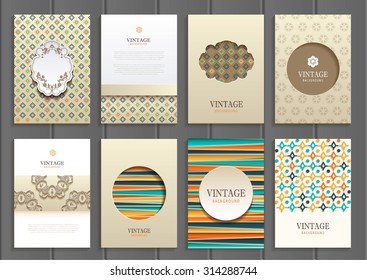 stock vector set of brochures in vintage style design templates frames and backgrounds. Use for printed materials, signs, elements, web sites, cards