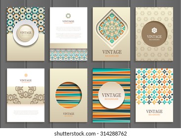 stock vector set of brochures in vintage style design templates frames and backgrounds. Use for printed materials, signs, elements, web sites, cards