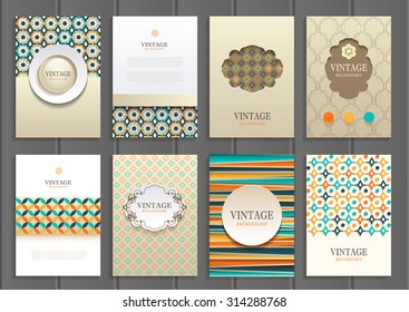 stock vector set of brochures in vintage style design templates frames and backgrounds. Use for printed materials, signs, elements, web sites, cards