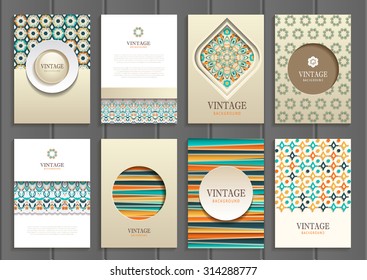 stock vector set of brochures in vintage style design templates frames and backgrounds. Use for printed materials, signs, elements, web sites, cards