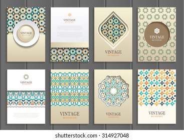 stock vector set of brochures in vintage style design templates frames and backgrounds. Use for printed materials, signs, elements, web sites, cards