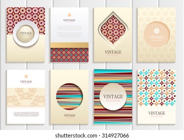 stock vector set of brochures in vintage style design templates frames and backgrounds. Use for printed materials, signs, elements, web sites, cards