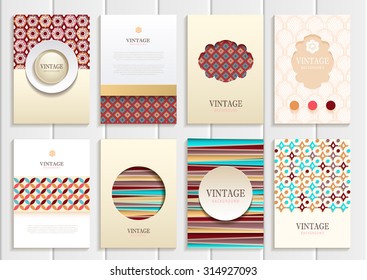 stock vector set of brochures in vintage style design templates frames and backgrounds. Use for printed materials, signs, elements, web sites, cards