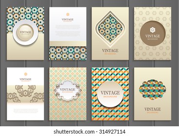 stock vector set of brochures in vintage style design templates frames and backgrounds. Use for printed materials, signs, elements, web sites, cards