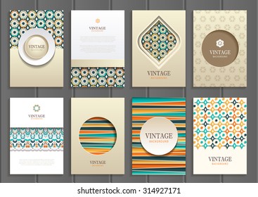 stock vector set of brochures in vintage style design templates frames and backgrounds. Use for printed materials, signs, elements, web sites, cards