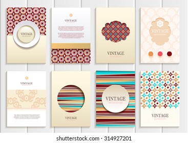 stock vector set of brochures in vintage style design templates frames and backgrounds. Use for printed materials, signs, elements, web sites, cards