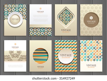 stock vector set of brochures in vintage style design templates frames and backgrounds. Use for printed materials, signs, elements, web sites, cards