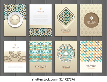 stock vector set of brochures in vintage style design templates frames and backgrounds. Use for printed materials, signs, elements, web sites, cards