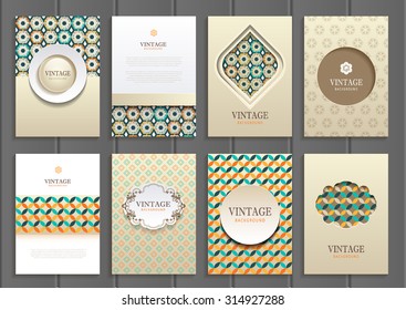 stock vector set of brochures in vintage style design templates frames and backgrounds. Use for printed materials, signs, elements, web sites, cards