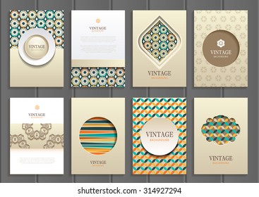 stock vector set of brochures in vintage style design templates frames and backgrounds. Use for printed materials, signs, elements, web sites, cards