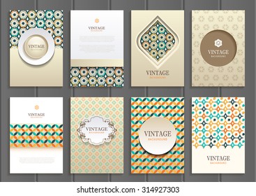 stock vector set of brochures in vintage style design templates frames and backgrounds. Use for printed materials, signs, elements, web sites, cards