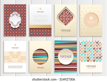 stock vector set of brochures in vintage style design templates frames and backgrounds. Use for printed materials, signs, elements, web sites, cards