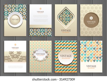 stock vector set of brochures in vintage style design templates frames and backgrounds. Use for printed materials, signs, elements, web sites, cards