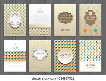 stock vector set of brochures in vintage style design templates frames and backgrounds. Use for printed materials, signs, elements, web sites, cards