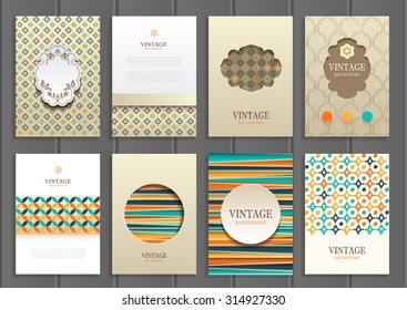 stock vector set of brochures in vintage style design templates frames and backgrounds. Use for printed materials, signs, elements, web sites, cards