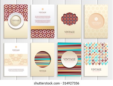 stock vector set of brochures in vintage style design templates frames and backgrounds. Use for printed materials, signs, elements, web sites, cards