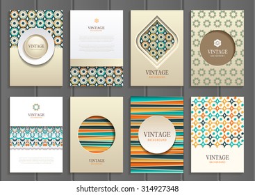 stock vector set of brochures in vintage style design templates frames and backgrounds. Use for printed materials, signs, elements, web sites, cards
