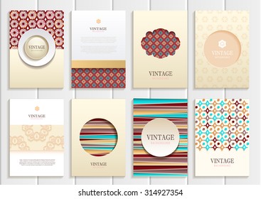 stock vector set of brochures in vintage style design templates frames and backgrounds. Use for printed materials, signs, elements, web sites, cards