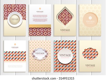 stock vector set of brochures in vintage style design templates frames and backgrounds. Use for printed materials, signs, elements, web sites, cards
