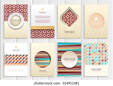 stock vector set of brochures in vintage style design templates frames and backgrounds. Use for printed materials, signs, elements, web sites, cards