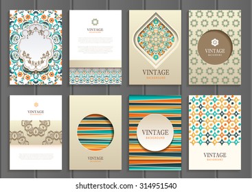stock vector set of brochures in vintage style design templates frames and backgrounds. Use for printed materials, signs, elements, web sites, cards