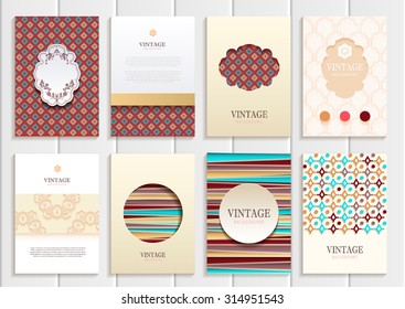 stock vector set of brochures in vintage style design templates frames and backgrounds. Use for printed materials, signs, elements, web sites, cards