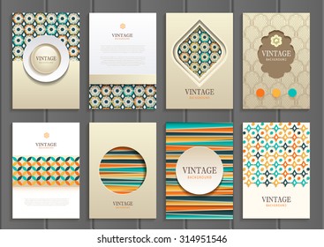 stock vector set of brochures in vintage style design templates frames and backgrounds. Use for printed materials, signs, elements, web sites, cards