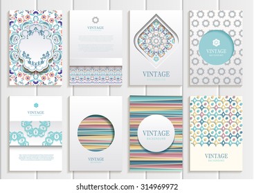stock vector set of brochures in vintage style design templates frames and backgrounds. Use for printed materials, signs, elements, web sites, cards