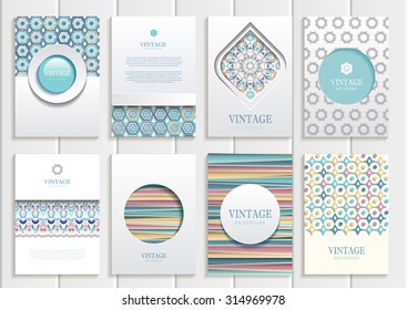 stock vector set of brochures in vintage style design templates frames and backgrounds. Use for printed materials, signs, elements, web sites, cards