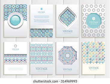 stock vector set of brochures in vintage style design templates frames and backgrounds. Use for printed materials, signs, elements, web sites, cards