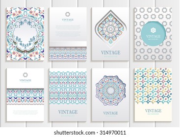 stock vector set of brochures in vintage style design templates frames and backgrounds. Use for printed materials, signs, elements, web sites, cards