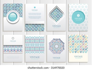 stock vector set of brochures in vintage style design templates frames and backgrounds. Use for printed materials, signs, elements, web sites, cards