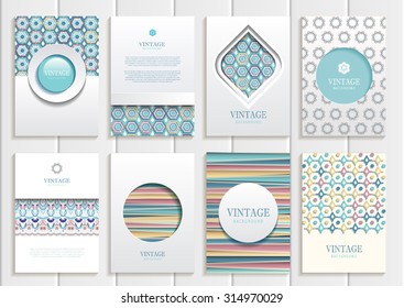 stock vector set of brochures in vintage style design templates frames and backgrounds. Use for printed materials, signs, elements, web sites, cards