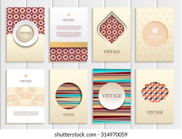 stock vector set of brochures in vintage style design templates frames and backgrounds. Use for printed materials, signs, elements, web sites, cards