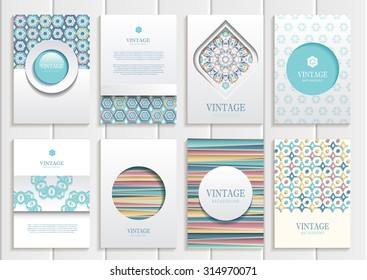 stock vector set of brochures in vintage style design templates frames and backgrounds. Use for printed materials, signs, elements, web sites, cards