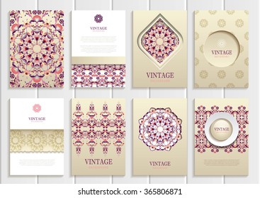 Stock vector set of brochures in vintage style. Design templates dark pink, red frames, ornaments, patterns and golden backgrounds. Use for printed materials, signs, elements, web sites, cards