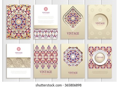 Stock vector set of brochures in vintage style. Design templates purple, pink frames, ornaments, patterns and golden backgrounds. Use for printed materials, signs, elements, web sites, cards