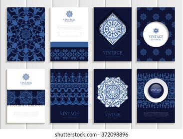 Stock vector set of brochures in vintage style. Design templates floral frames, ornaments, patterns and dark blue backgrounds. Use for printed materials, signs, elements, web sites, cards