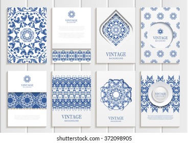 Stock vector set of brochures in vintage style. Design templates dark blue floral frames, ornaments, patterns and white backgrounds. Use for printed materials, signs, elements, web sites, cards