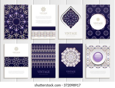 Stock vector set of brochures in vintage style. Design templates indigo floral frames, ornaments, patterns and white backgrounds. Use for printed materials, signs, elements, web sites, cards