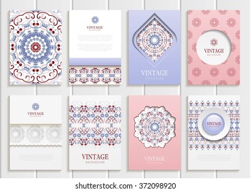 Stock vector set of brochures in vintage style. Design templates Serenity floral frames, ornaments, patterns and rose quartz backgrounds. Use for printed materials, signs, elements, web sites, cards