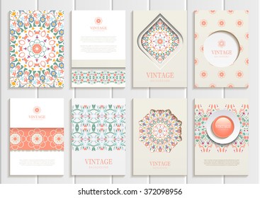 Stock vector set of brochures in vintage style. Design templates pastel, Orange floral frames, ornaments, patterns and beige backgrounds. Use for printed materials, signs, elements, web sites, cards