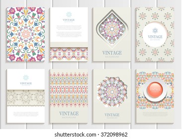 Stock vector set of brochures in vintage style. Design templates light pastel color palette floral frames, ornaments, patterns, backgrounds for printed materials, signs, elements, web sites, cards