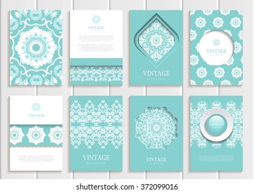 Stock vector set of brochures in vintage style. Design templates white floral frames, ornaments, patterns and turquoise backgrounds. Use for printed materials, signs, elements, web sites, cards