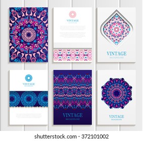 Stock vector set of brochures in vintage style. Design templates bright floral frames, ornaments, patterns and white backgrounds. Use for printed materials, signs, elements, web sites, cards