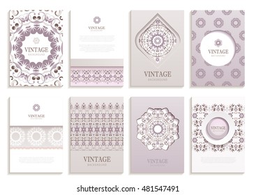 Stock vector set of brochures in vintage style. Use for packaging design, books, magazines, printer materials, elements of the site, banner, holiday cards. Icon.