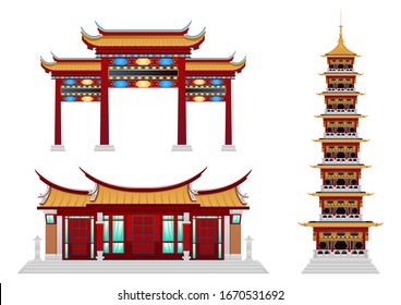 stock vector set of buddhist monastery. house of worship, buildings and landmarks, architectural concept flat vector illustration